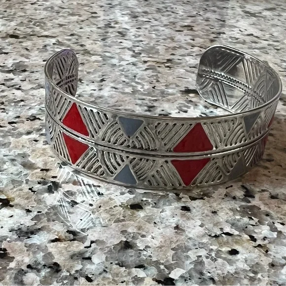 Geometric Silver and Red Cuff Bracelet ( Size 7 1/2) - Picture 1 of 4